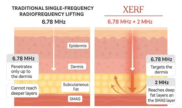 Diagram showing how XERF boosts collagen fibers under the skin