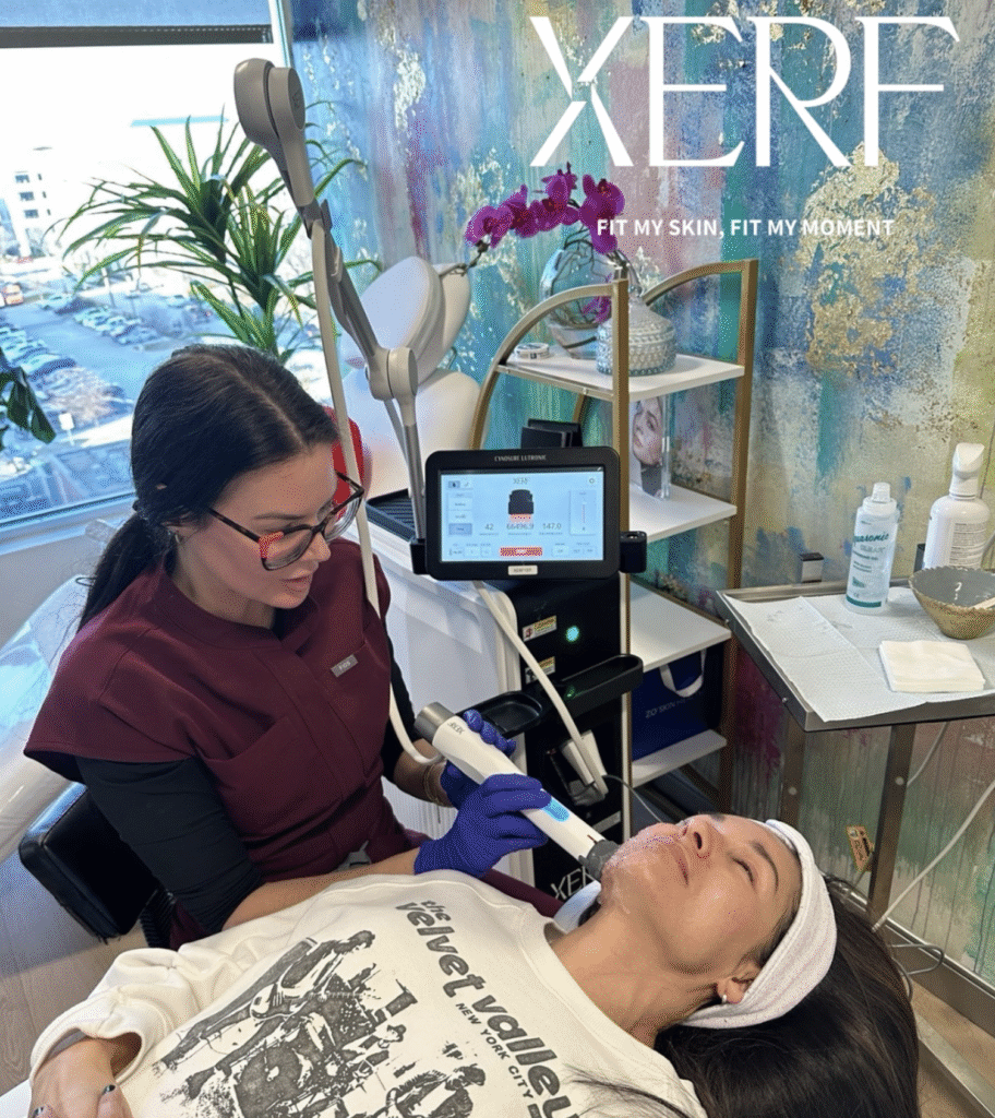 Fort Worth aesthetic expert assessing patient’s jawline before non-invasive skin tightening